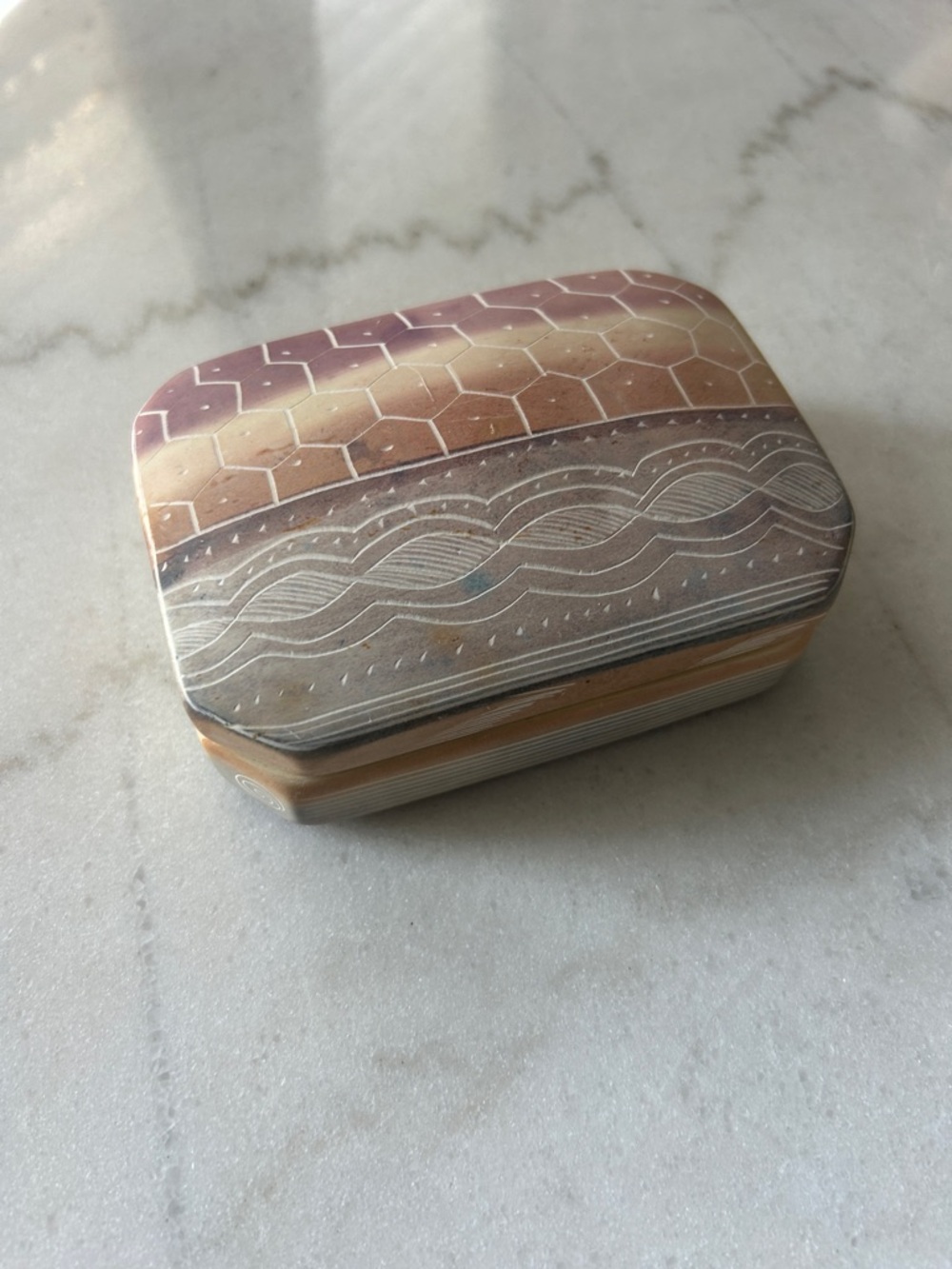 Vintage Carved Stone Trinket Box in Muted Pastels